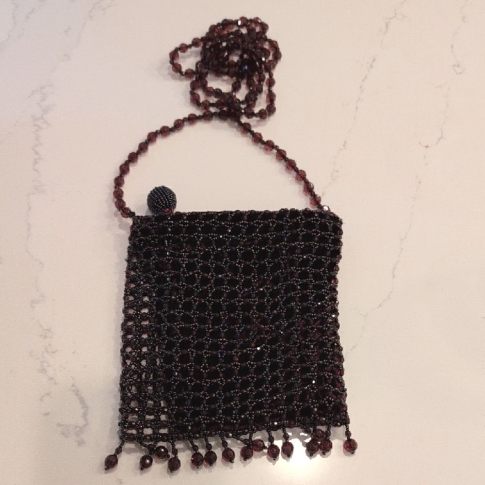Bloomingdales Garnet Beaded Mesh Shoulder Crossbody Fringed Bag Vintage